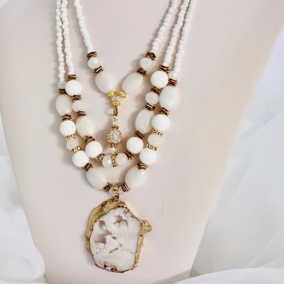 White Gold Bronze Druzy Pendant Necklace, Multi Layers White Stone Crystals Neck - Picture 6 of 10
